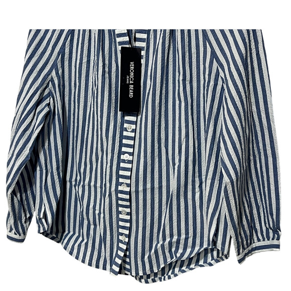 VERONICA BEARD TOP WOMENS MEDIUM JUDITH V-NECK PUFF SLEEVE BLOUSE BLUE WHITE - Picture 7 of 13